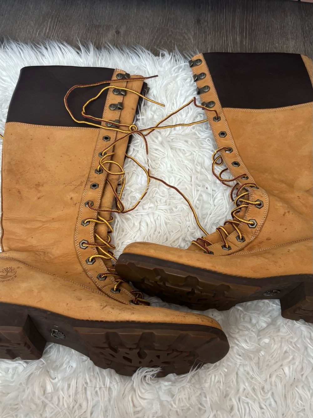 Timberland Tall Lace-Up Leather Boots in Wheat and Dark Brown